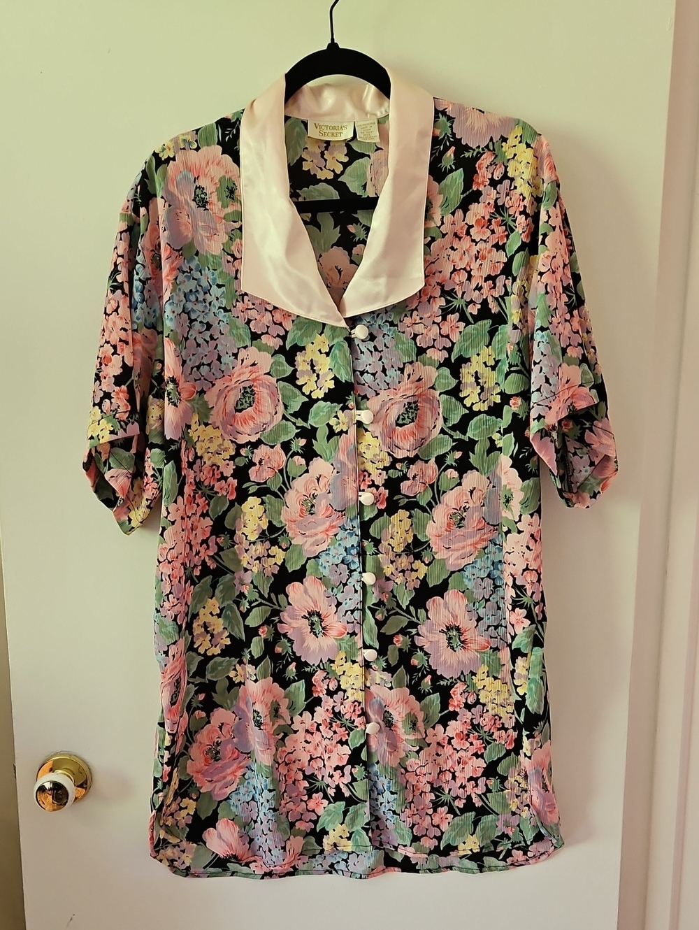 Vintage Victoria's Secret Black Satin Floral Button-Up with Pastel Blooms